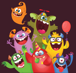 Сartoon monsters set. Halloween party invitation or poster design with different creatures celebrating. Vector illustration. Great for children holiday.
