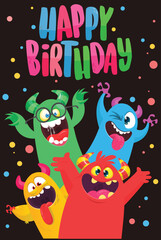 Сartoon monsters set. Birthday party invitation or poster design with different creatures celebrating. Vector illustration. Great for children holiday