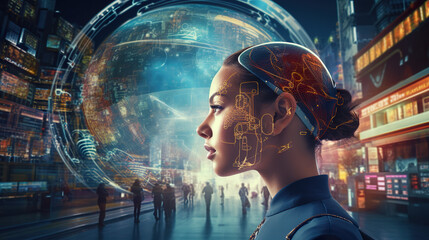 The conceptualization of artificial intelligence as the next-generation technology in a futuristic context - AI Generated Person - obrazy, fototapety, plakaty