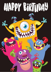 Сartoon monsters set. Birthday party invitation or poster design with different creatures celebrating. Vector illustration. Great for children holiday