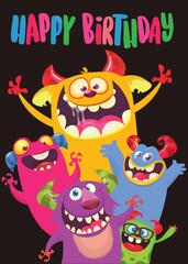 Сartoon monsters set. Birthday party invitation or poster design with different creatures celebrating. Vector illustration. Great for children holiday