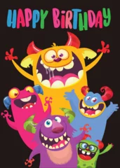 Fotobehang Сartoon monsters set. Birthday party invitation or poster design with different creatures celebrating. Vector illustration. Great for children holiday © drawkman