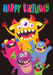 Сartoon monsters set. Birthday party invitation or poster design with different creatures celebrating. Vector illustration. Great for children holiday