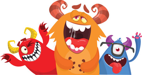 Сartoon monsters set. Halloween party invitation or poster design with different creatures celebrating. Vector illustration. Great for children holiday.