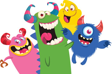 Сartoon monsters set. Halloween party invitation or poster design with different creatures celebrating. Vector illustration. Great for children holiday.