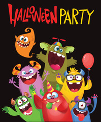 Сartoon monsters set. Halloween party invitation or poster design with different creatures celebrating. Vector illustration. Great for children holiday.