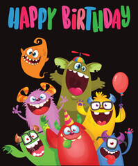 Сartoon monsters set. Birthday party invitation or poster design with different creatures celebrating. Vector illustration. Great for children holiday