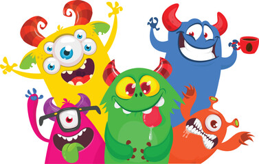 Naklejka premium Сartoon monsters set. Halloween party invitation or poster design with different creatures celebrating. Vector illustration. Great for children holiday.