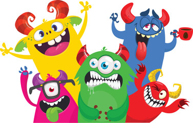 Сartoon monsters set. Halloween party invitation or poster design with different creatures celebrating. Vector illustration. Great for children holiday.