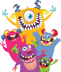Сartoon monsters set. Halloween party invitation or poster design with different creatures celebrating. Vector illustration. Great for children holiday.