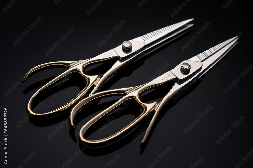 Poster A pair of scissors sitting on top of a table. Can be used for various office or crafting concepts.