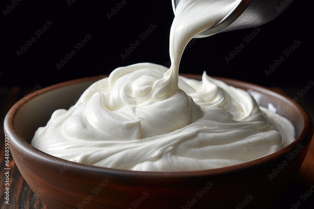 Poster a picture of a bowl of whipped cream with a spoon in it. this image can be used to showcase the deli