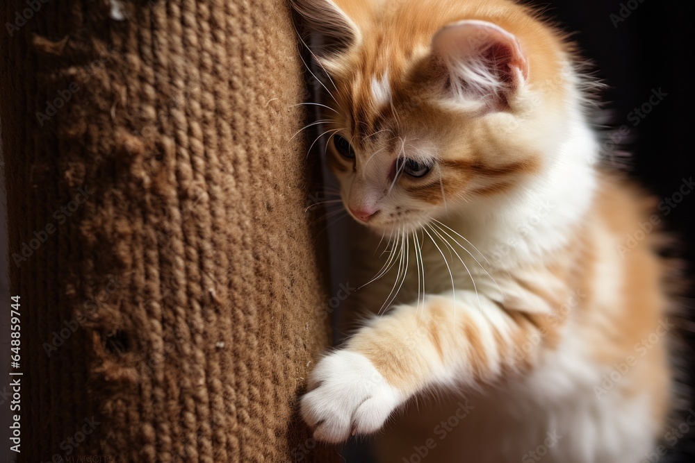 Poster a cute and playful orange and white kitten climbing on a scratching post. perfect for pet owners or 