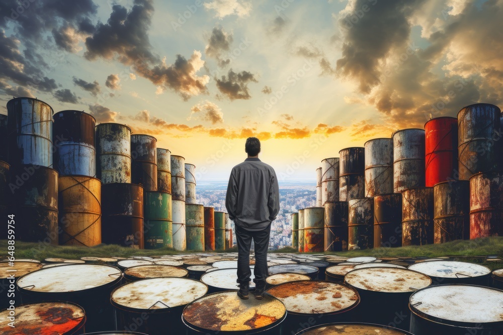Leinwandbilder a man standing in front of a field filled with rows of oil drums. this image can be used to represen