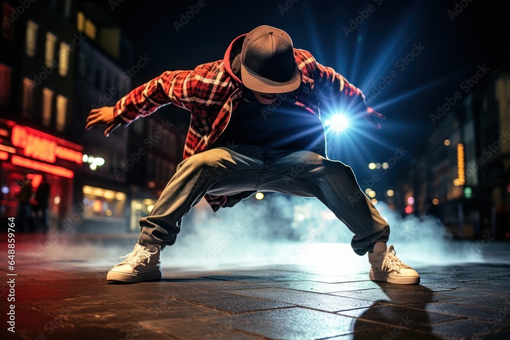 Poster a man wearing a hat is captured dancing energetically on the street. this vibrant image can be used 