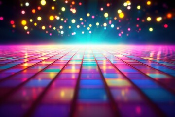 A vibrant disco dance floor with colorful lights in the background. Perfect for capturing the energetic atmosphere of a party or nightclub. Great for promotional materials or event invitations. - obrazy, fototapety, plakaty