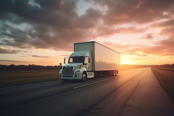 A stunning image of a semi truck driving down a highway during sunset. This picture captures the beauty of the golden hour and the sense of movement on the road. Ideal for transportation and travel-re