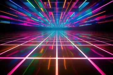 A mesmerizing neon light tunnel illuminates a dark room. Perfect for creating a futuristic or mysterious atmosphere in designs and projects. - obrazy, fototapety, plakaty
