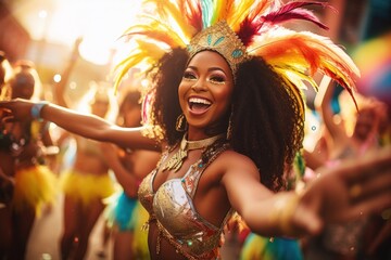 A vibrant image of a woman in a colorful costume dancing in a parade. This picture captures the excitement and energy of the event. Perfect for showcasing cultural celebrations and joyful moments.