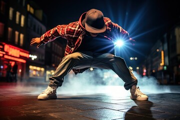 A man wearing a hat is captured dancing energetically on the street. This vibrant image can be used to depict joy, celebration, urban lifestyle, or street performances. - Powered by Adobe