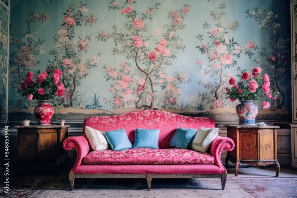 Poster A pink couch sits in a cozy living room, accompanied by a beautiful vase of flowers. This image can be used to showcase modern interior design or for home decor-related content.