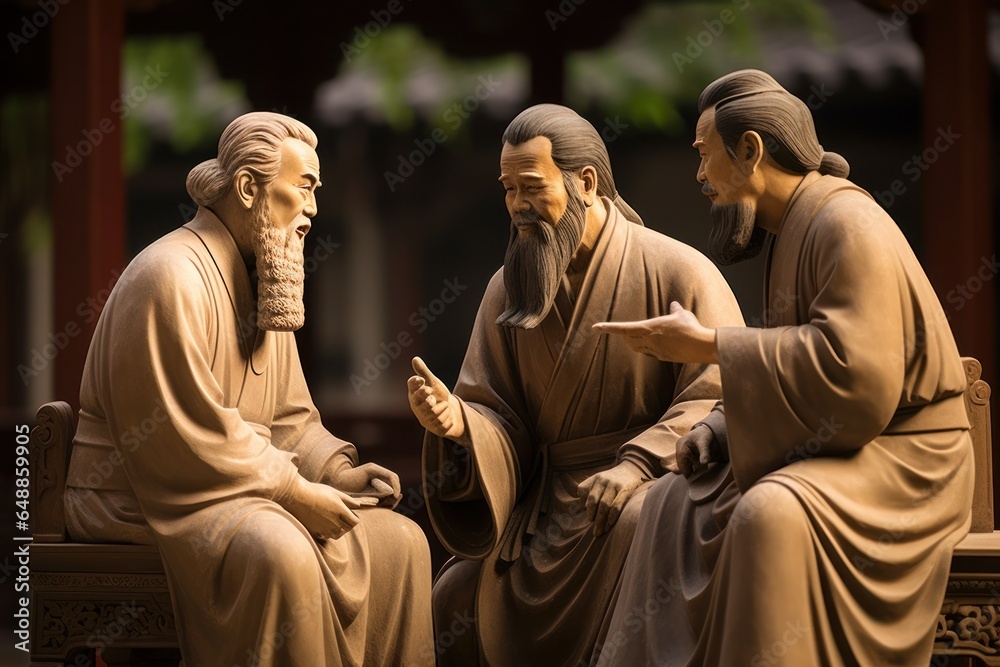 Poster a picture of three statues of men sitting on a bench. this image can be used to depict friendship, c