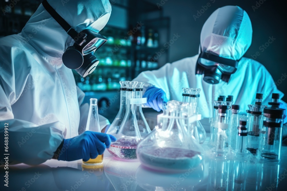Poster two people in protective gear working in a laboratory. this image can be used to depict scientific r