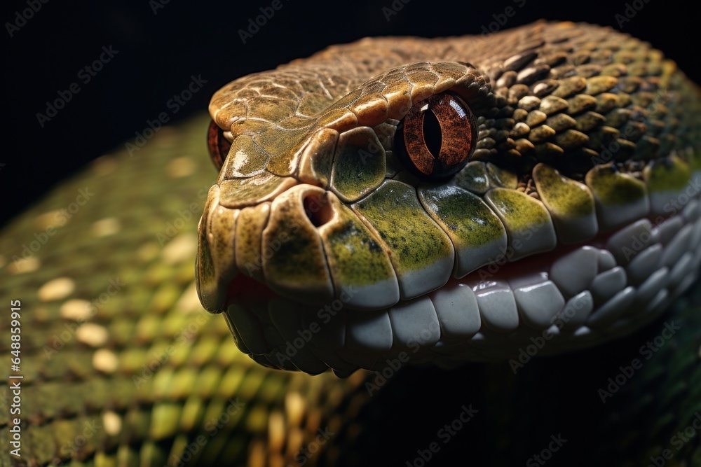 Poster A close-up view of a snake's head with its mouth open. This image captures the detailed features of the snake's head and its menacing expression. It can be used to depict danger, wildlife, reptiles, o