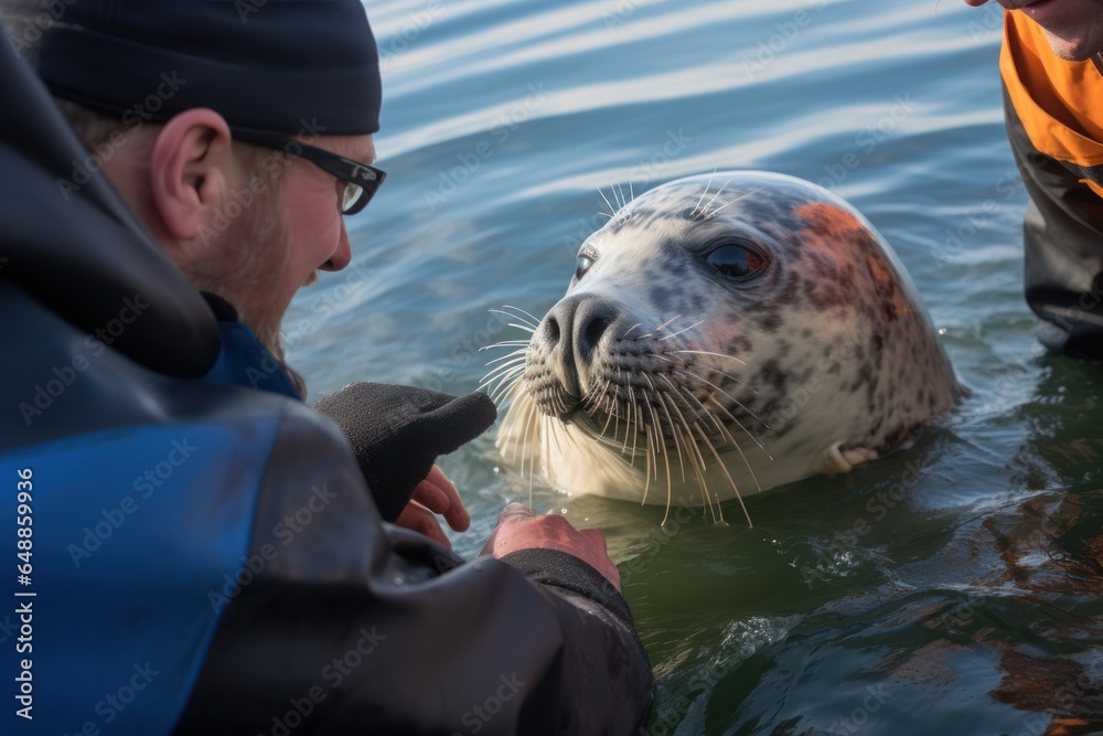 Poster a man is seen gently petting a seal in the water. this image captures the bond between humans and ma