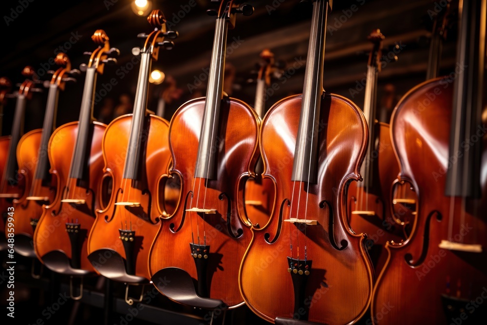 Poster a row of violins lined up against a wall. perfect for music enthusiasts and instrument collectors.