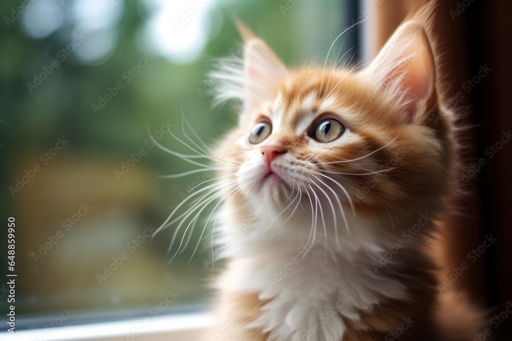 Poster a cute orange and white kitten is seen peering out of a window. this adorable image can be used to d