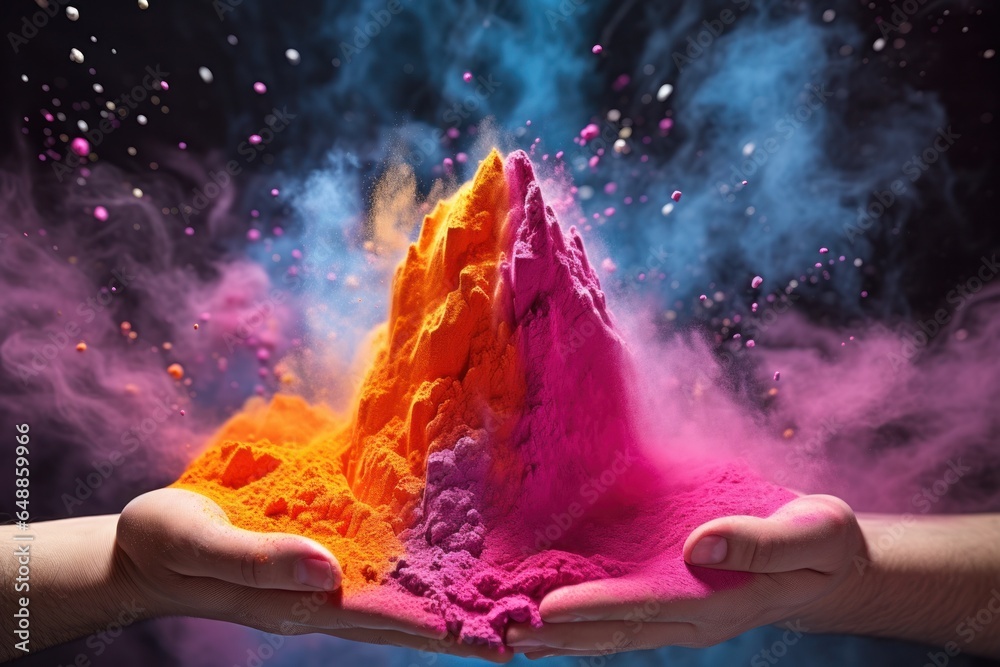 Poster a person holding a pile of colored powder in their hands. this vibrant image captures the essence of
