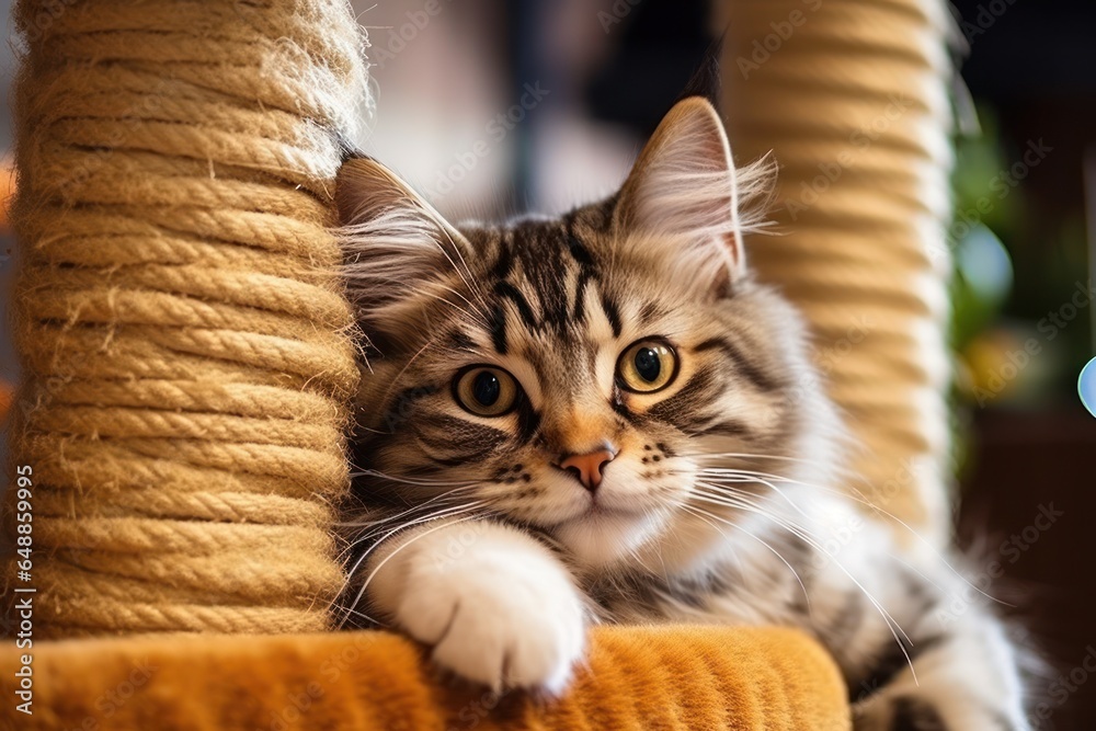 Poster A cat is seen sitting on top of a scratching post. This image can be used to depict a happy and content cat enjoying its designated spot for scratching.