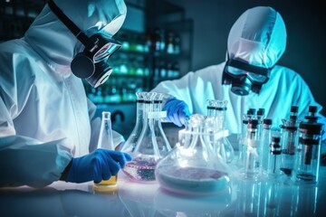Two people in protective gear working in a laboratory. This image can be used to depict scientific research, laboratory experiments, or medical testing. - obrazy, fototapety, plakaty