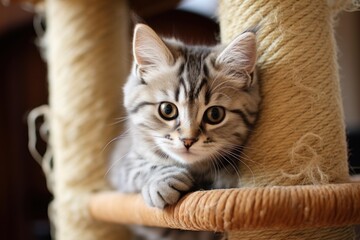 A adorable kitten sitting on top of a scratching post. Perfect for pet lovers and cat enthusiasts.