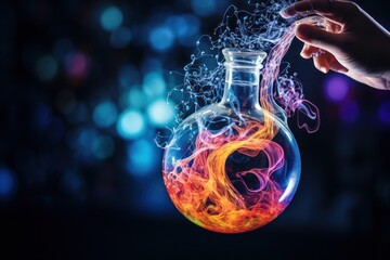 A hand is seen holding a glass flask with a mesmerizing fire burning inside. This image can be used to represent creativity, innovation, or the concept of harnessing the power within.