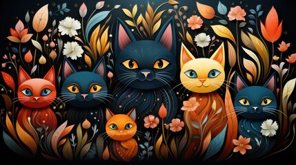 Enter a world of imaginative wonder with a vector graphic design featuring childlike drawings of cats hiding among vibrant plants. 