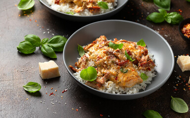 Marry Me Chicken. Creamy Garlic Sun Dried Tomato Chicken with rice. Healthy food