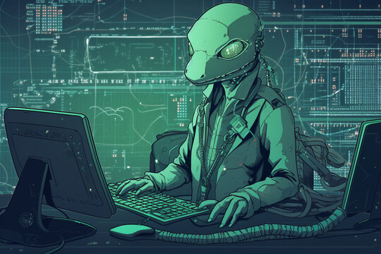 a anime-style image of a gecko with a hacker persona | Generative Ai
