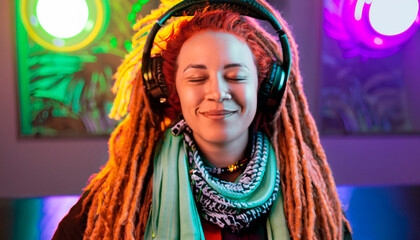Joven pelirroja con rastas disfrutando de música reggae