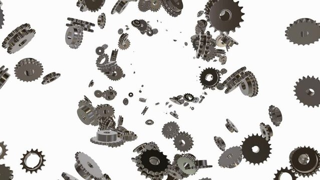 A lot of sprockets of drive roller chains in motion on a white background. 4K seamless looping videos