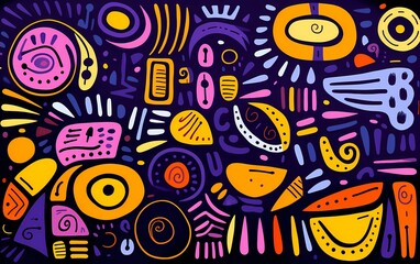 Colorful abstract art and patterns, in a unique doodle style, drak purple and yellow