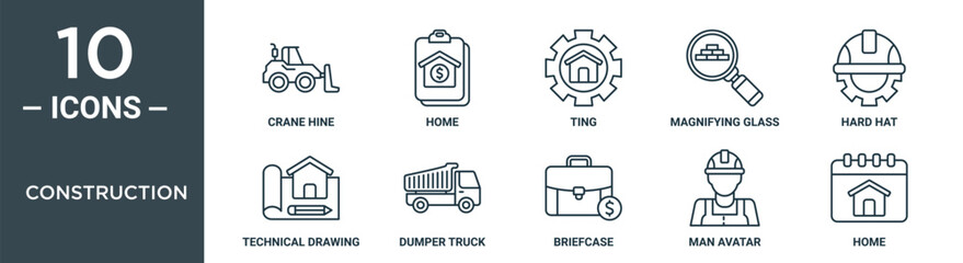 Fototapeta construction outline icon set includes thin line crane hine, home, ting, magnifying glass, hard hat, technical drawing, dumper truck icons for report, presentation, diagram, web design obraz