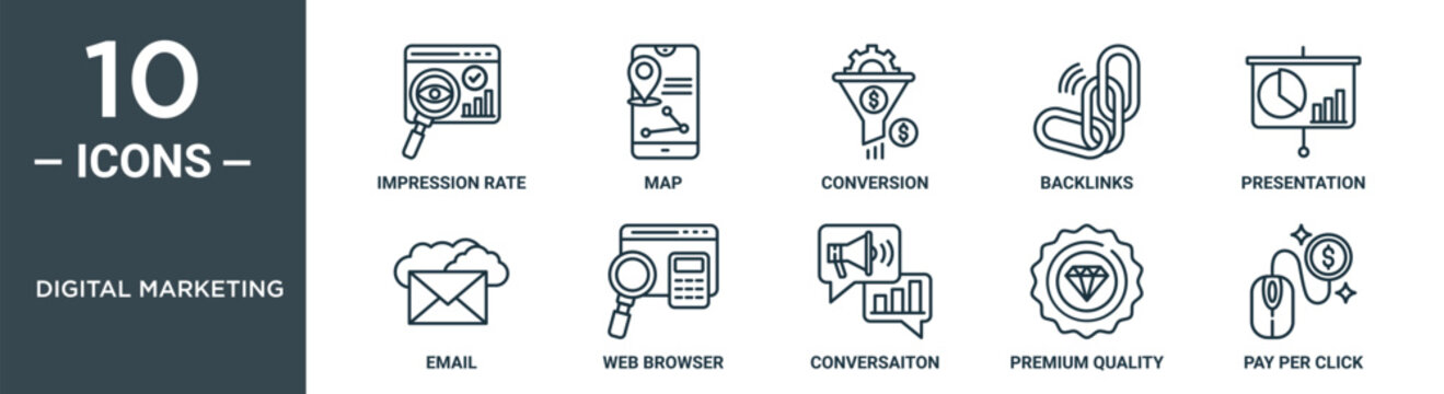 Digital Marketing Outline Icon Set Includes Thin Line Impression Rate, Map, Conversion, Backlinks, Presentation, Email, Web Browser Icons For Report, Presentation, Diagram, Web Design