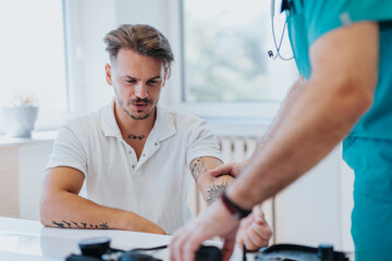 Obraz premium Experienced doctor checks patient's blood pressure, heart rate in office. Expert consultation for health problems.