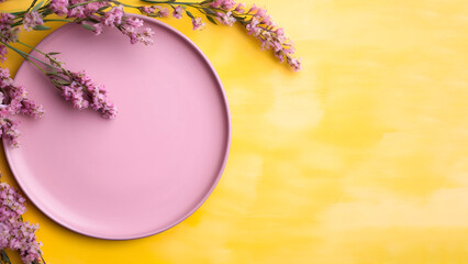 Empty ceramic pastel pink plate on bright yellow tabletop background with delicate spring flowers around, top view, copy space