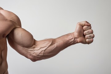 Body builder flexing his biceps (internal side) on white background. Detail of hand only, no face and body - obrazy, fototapety, plakaty