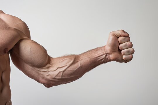 Body builder flexing his biceps (internal side) on white background. Detail of hand only, no face and body