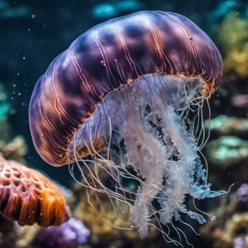 Beautiful jellyfish swimming in Underocean. Life underwater, generative ai