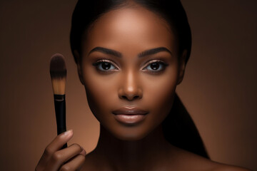 Face, makeup and brush with a woman black model applying foundation to her skin in studio for cosmetics, Portrait, wellness and luxury with an attractive young female using a cosmetic product - obrazy, fototapety, plakaty